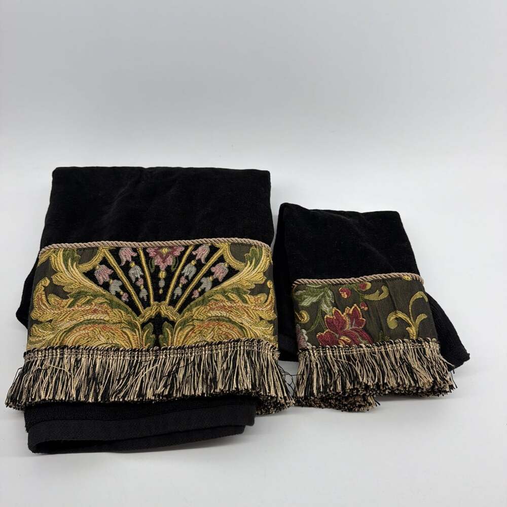Austin Horn Classics Black Embellished Fringe Decorative Towel 2 Piece Set
